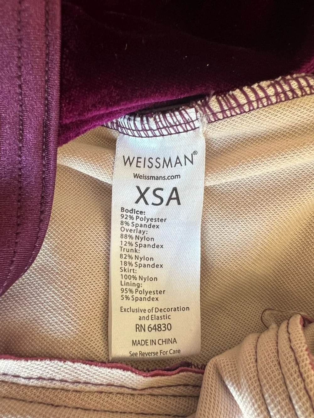 Weissman Showtime Moonlight Sonata Dance Costume XSA Burgundy Like New
